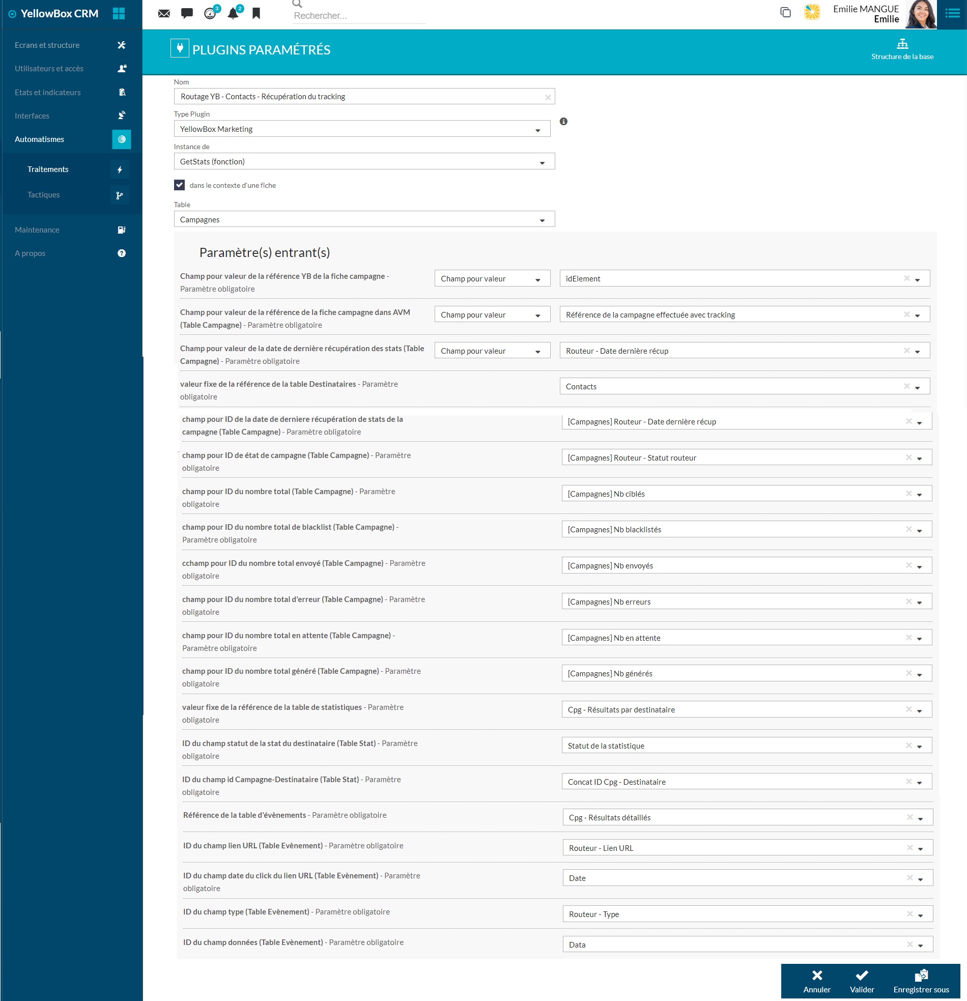 Ecran de paramétrage