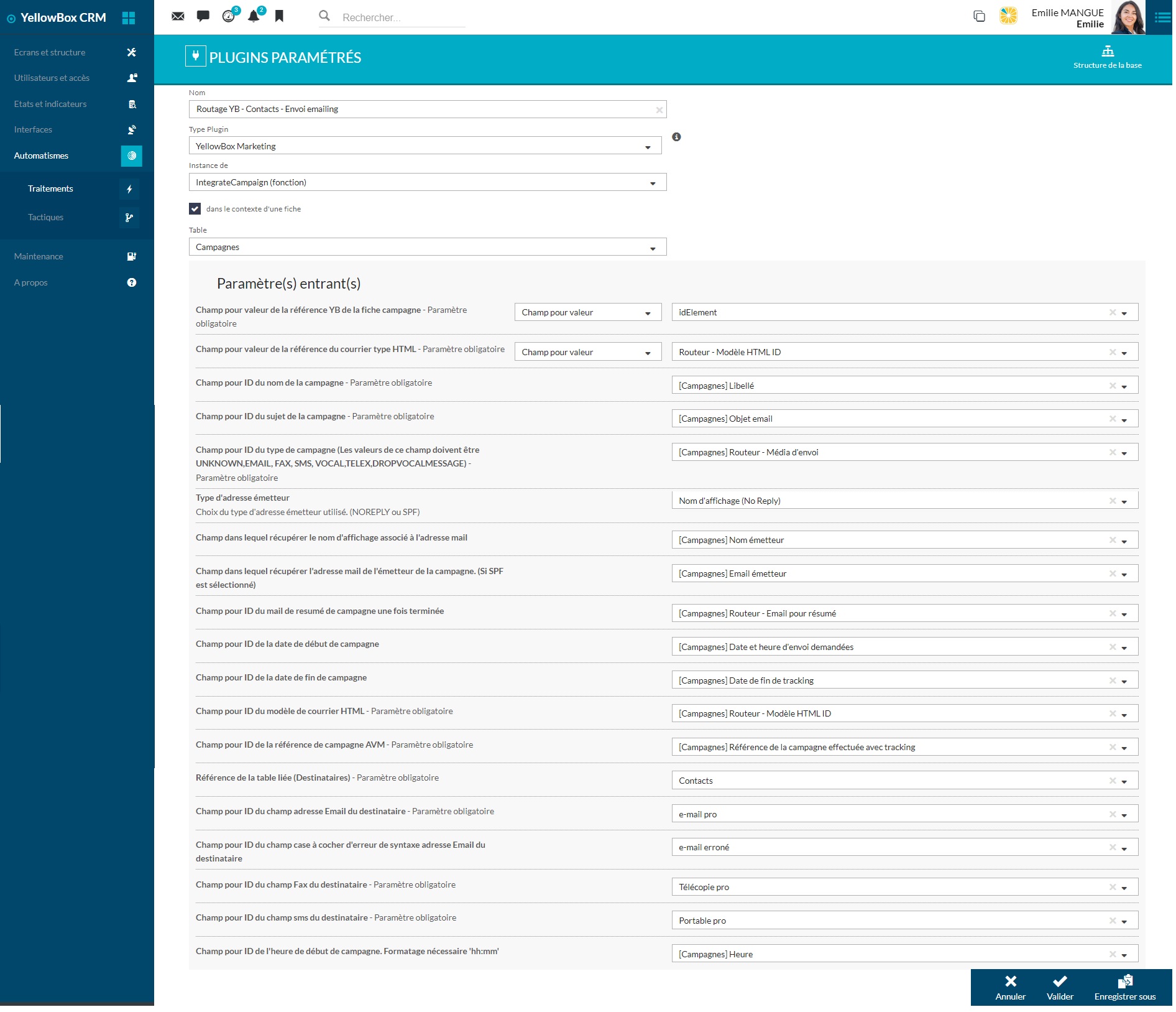 Ecran de paramétrage