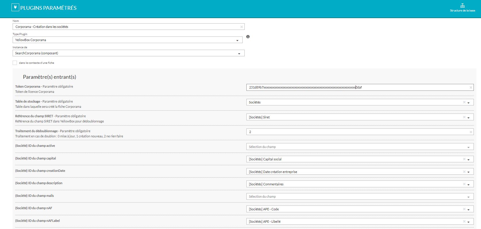 Ecran de paramétrage