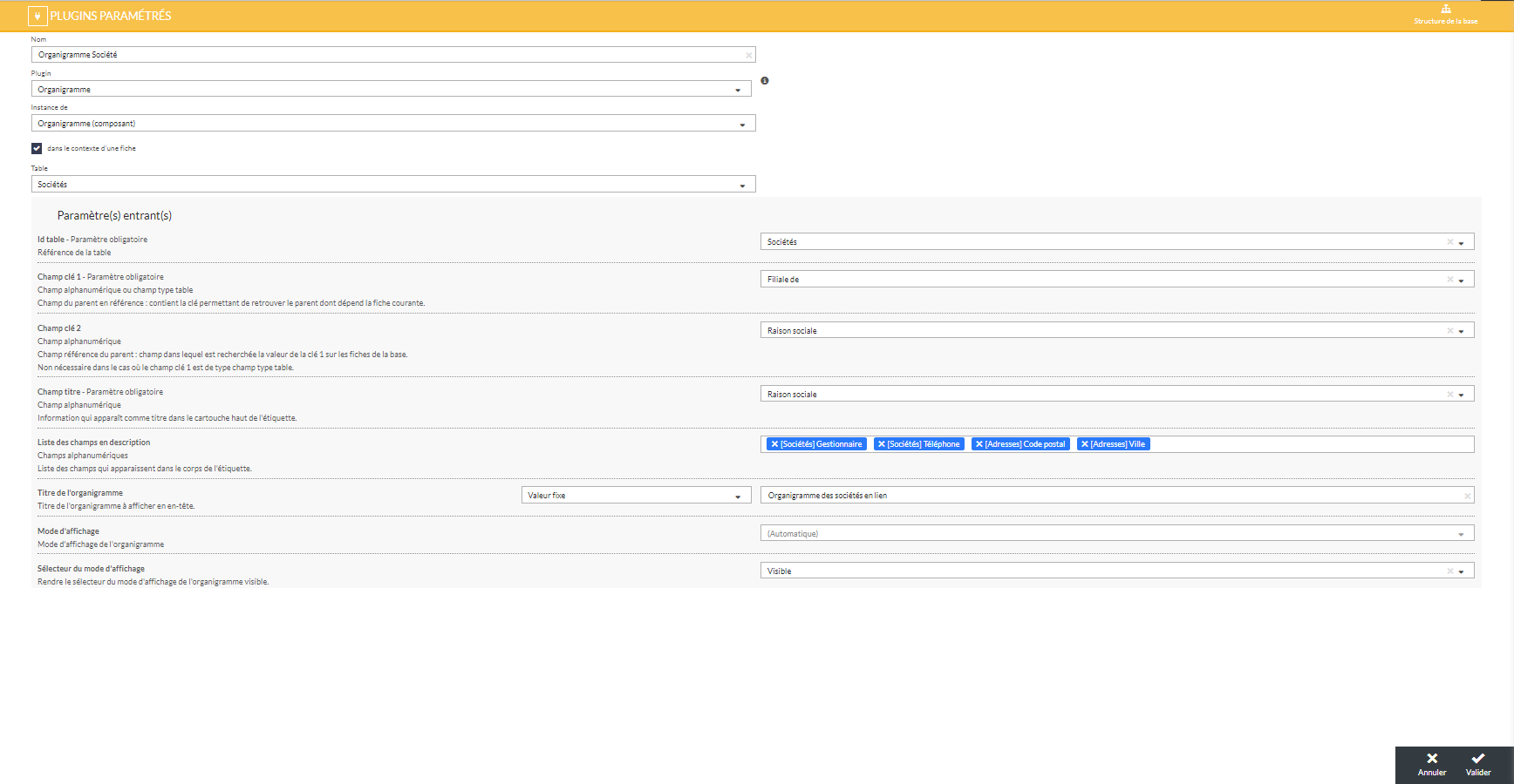 Ecran de paramétrage