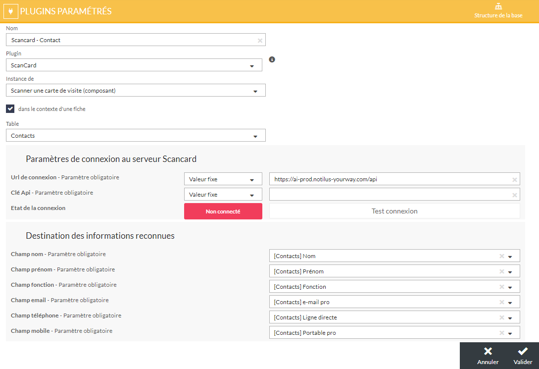 Ecran de paramétrage