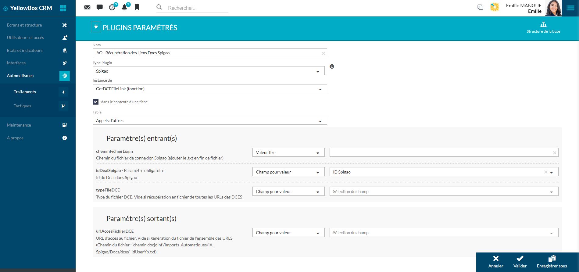Ecran de paramétrage