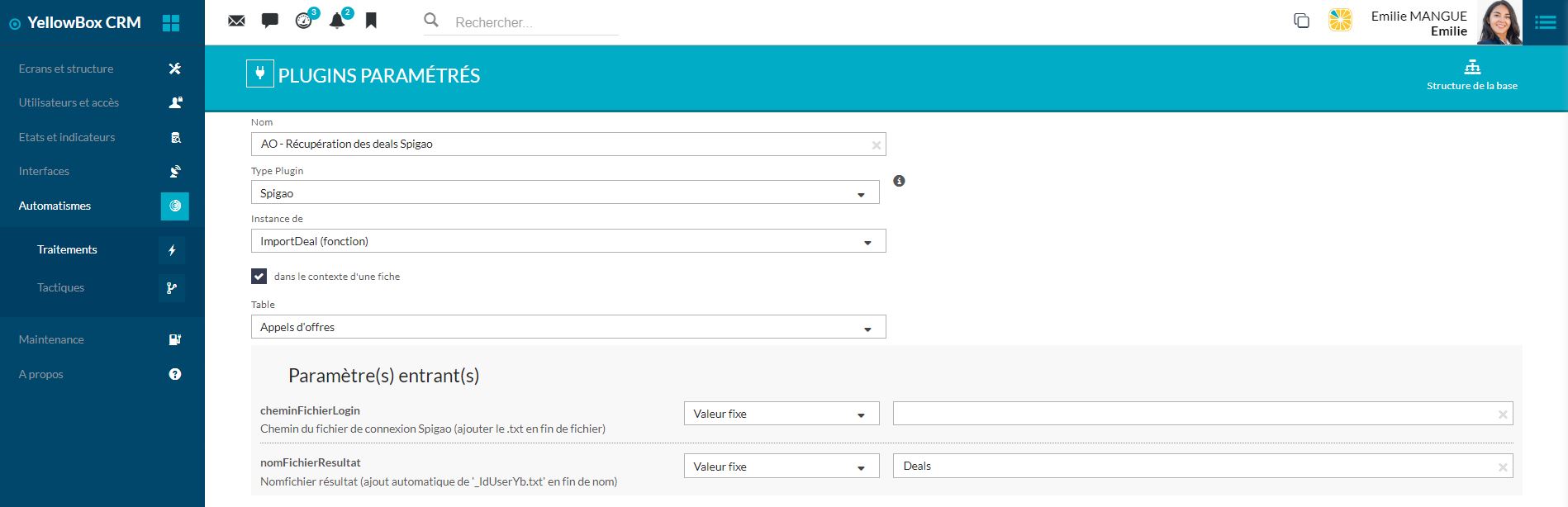 Ecran de paramétrage