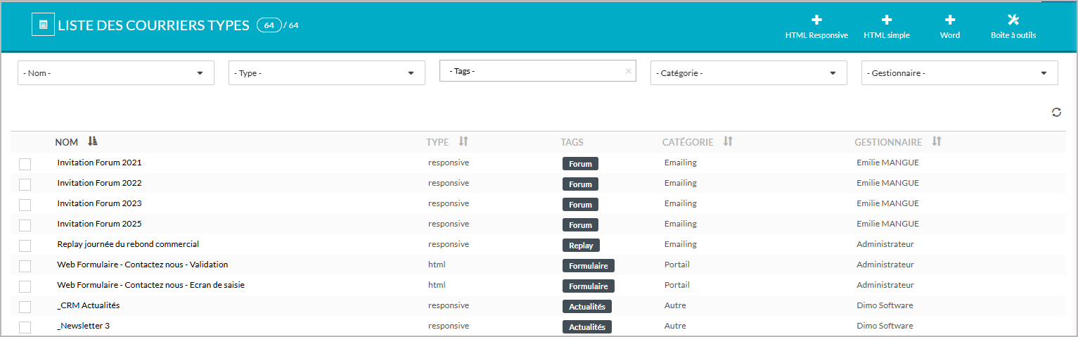 Liste des courriers type