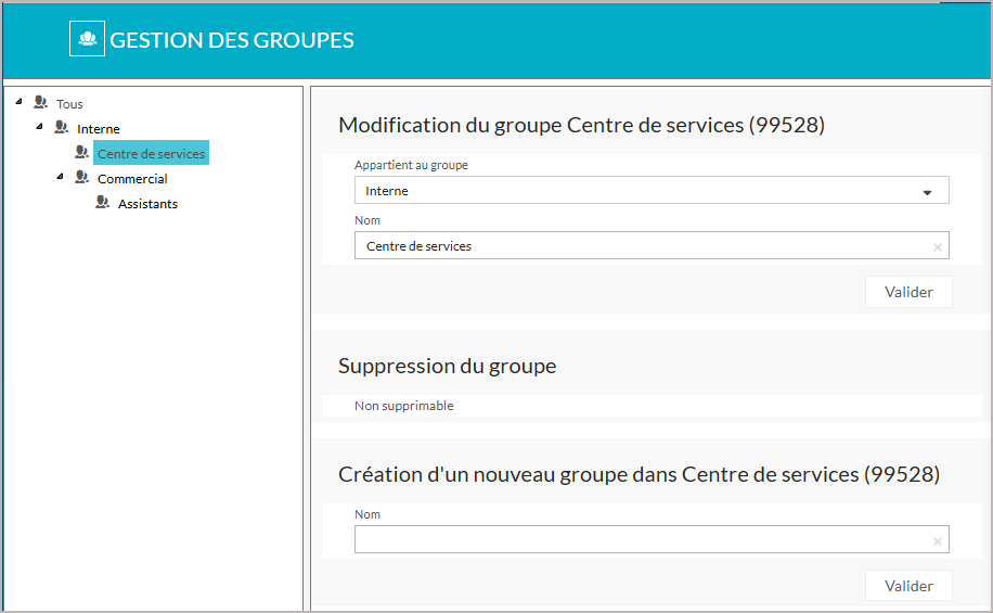 Ecran de paramétrage des groupes