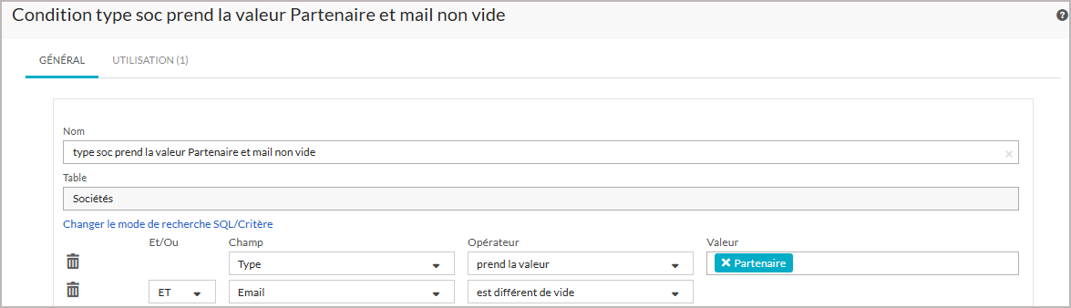 Condition avec deux opérateurs dont &lsquo;Prend la valeur&rsquo;