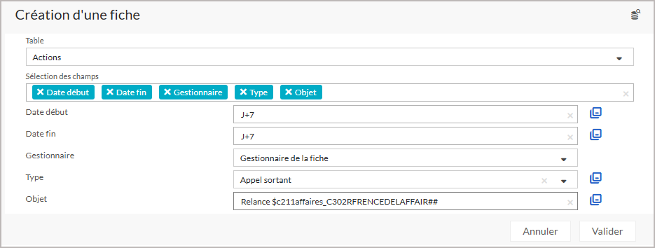 Ecran de paramétrage d&rsquo;une création fiche