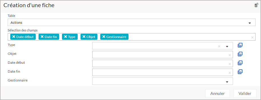 Ecran de paramétrage d&rsquo;une création de fiche