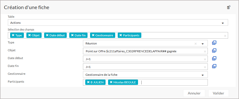 Ecran de paramétrage d&rsquo;une création de fiche