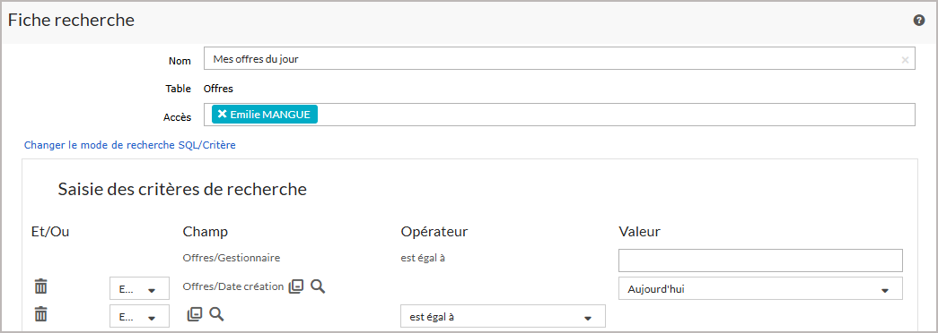 Ecran de paramétrage de la recherche
